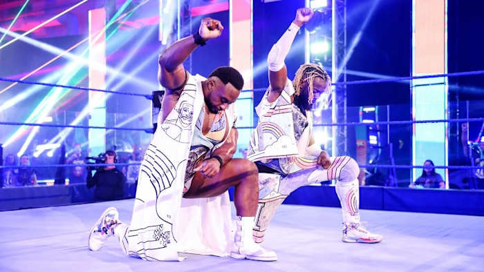 Big E takes a knee during an episode of Smackdown